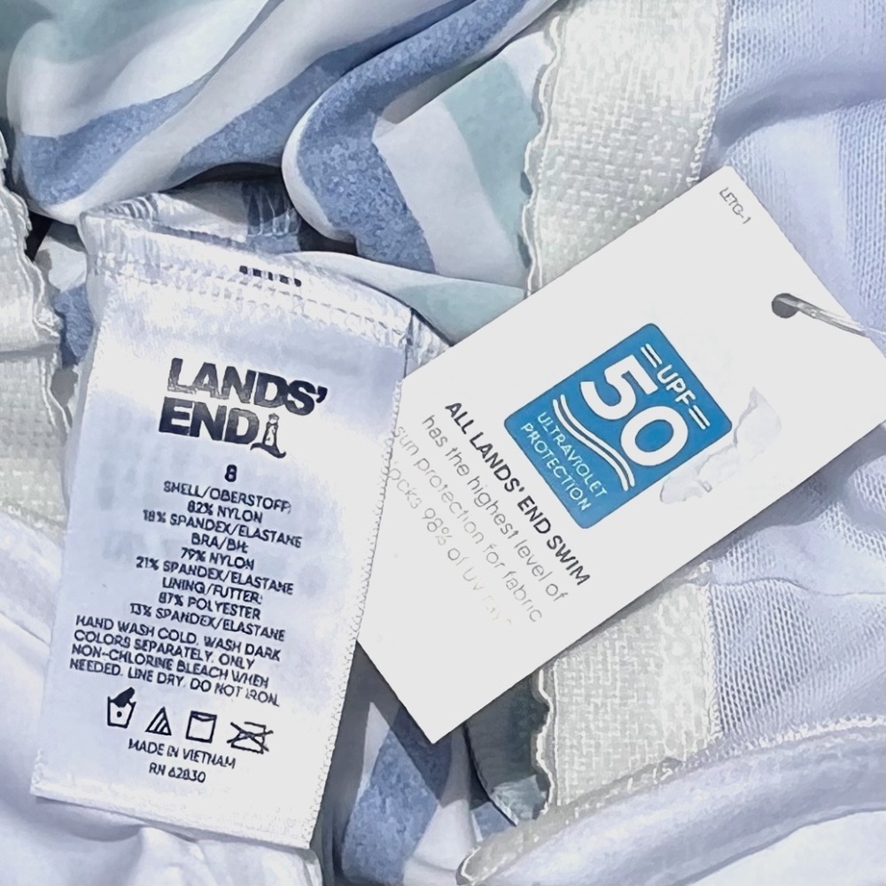 Lands' End Tankini Swim Top V-Neck Stripes Navy Blue Green White Women's NWT - Picture 2 of 3